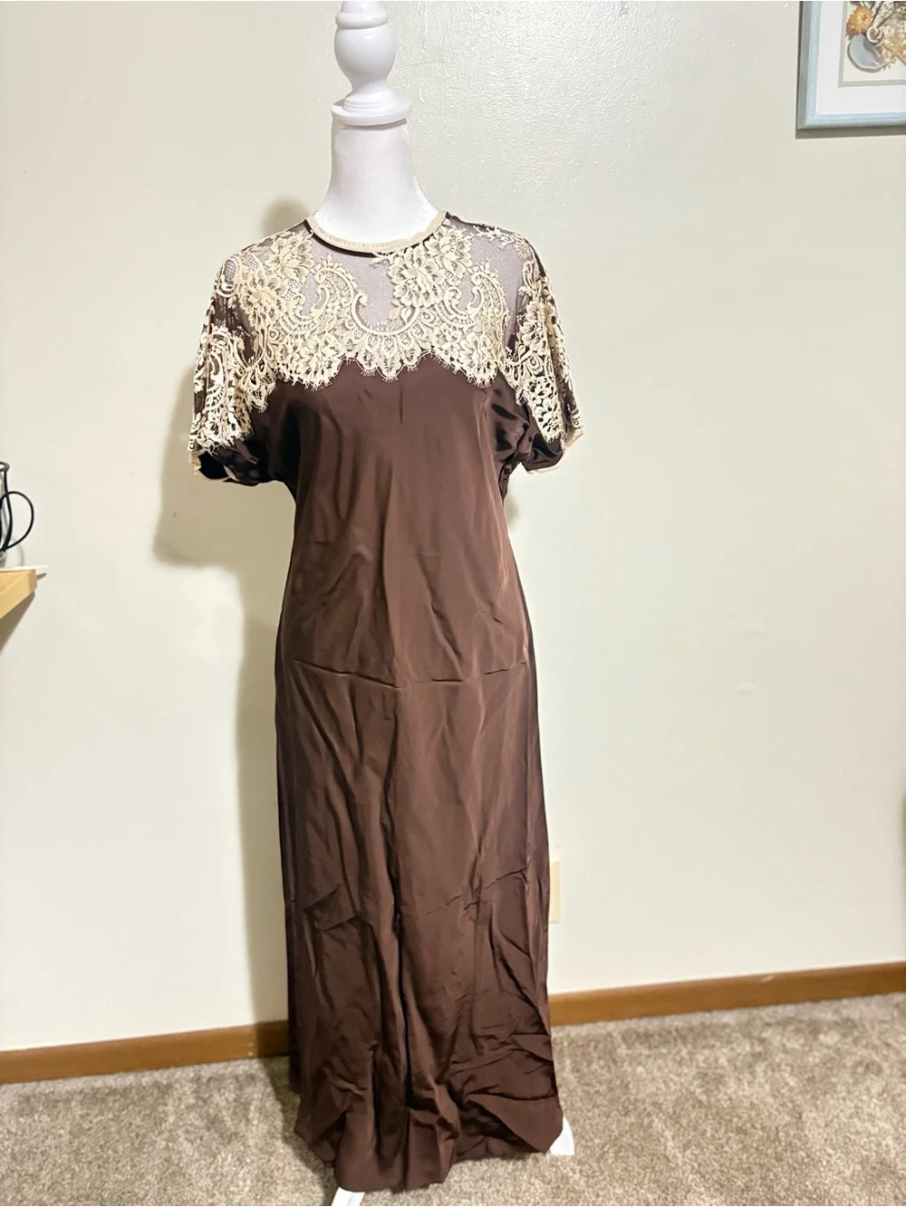 Zara Elegant Brown Maxi Dress with Cream Lace Yoke